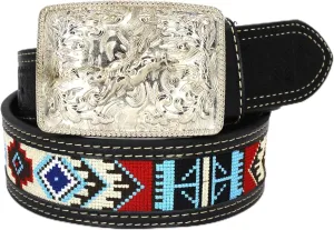 Embroidery Fabric Belt Aztec Print Men Women Cowboy Genuine Leather