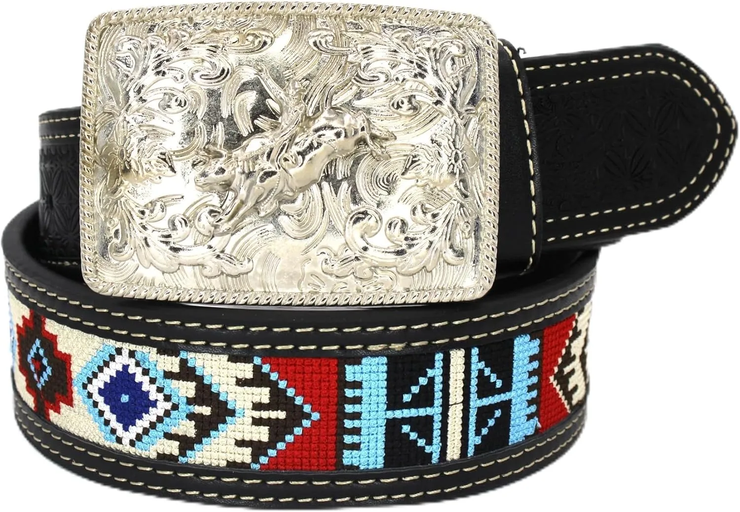 Embroidery Fabric Belt Aztec Print Men Women Cowboy Genuine Leather