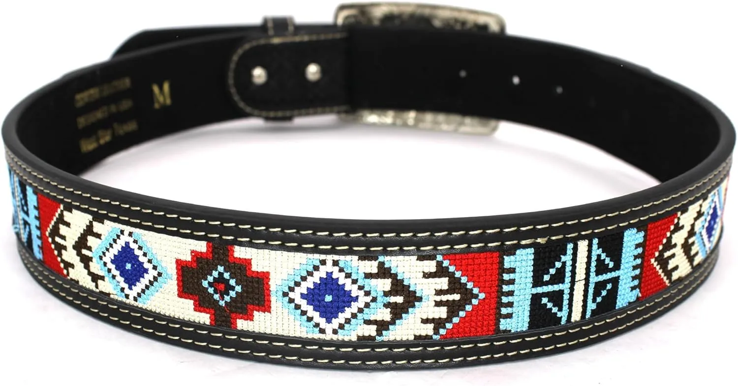 Embroidery Fabric Belt Aztec Print Men Women Cowboy Genuine Leather