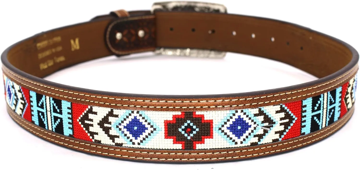 Embroidery Fabric Belt Aztec Print Men Women Cowboy Genuine Leather