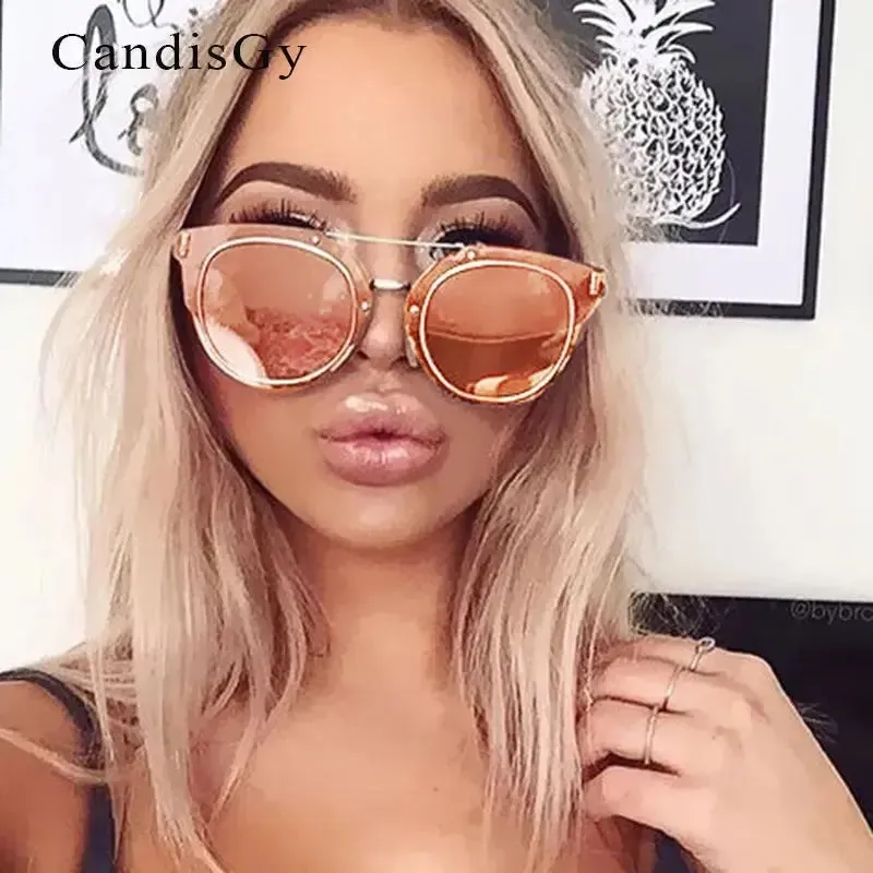 Flat Lens Sunglasses Metal Frame Women Men Mirror Cat Eye Brand