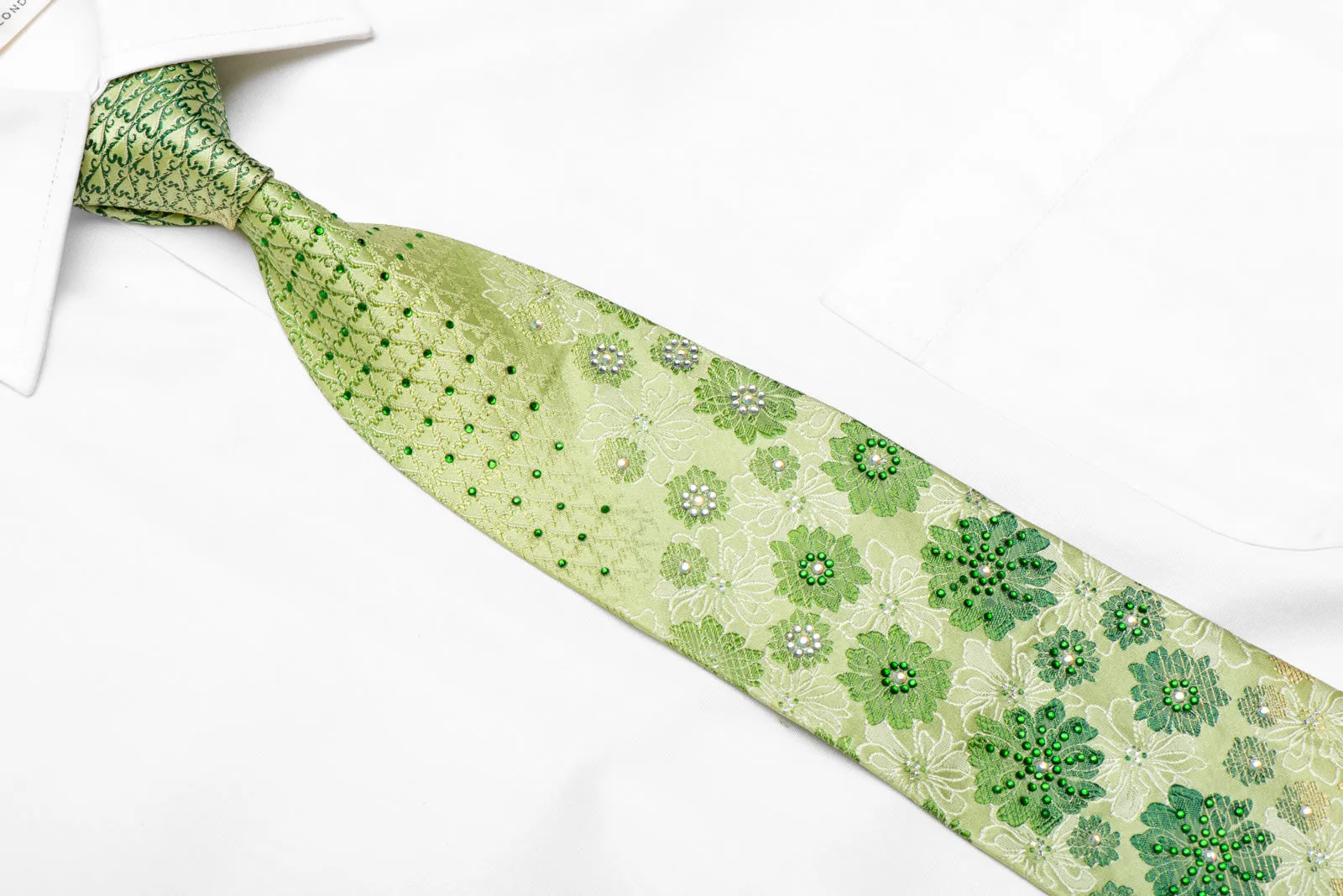 Floral On Green Rhinestone Silk Necktie With Silver Sparkles