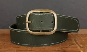Forest Green Stitched Leather Belt with Antique Brass Buckle