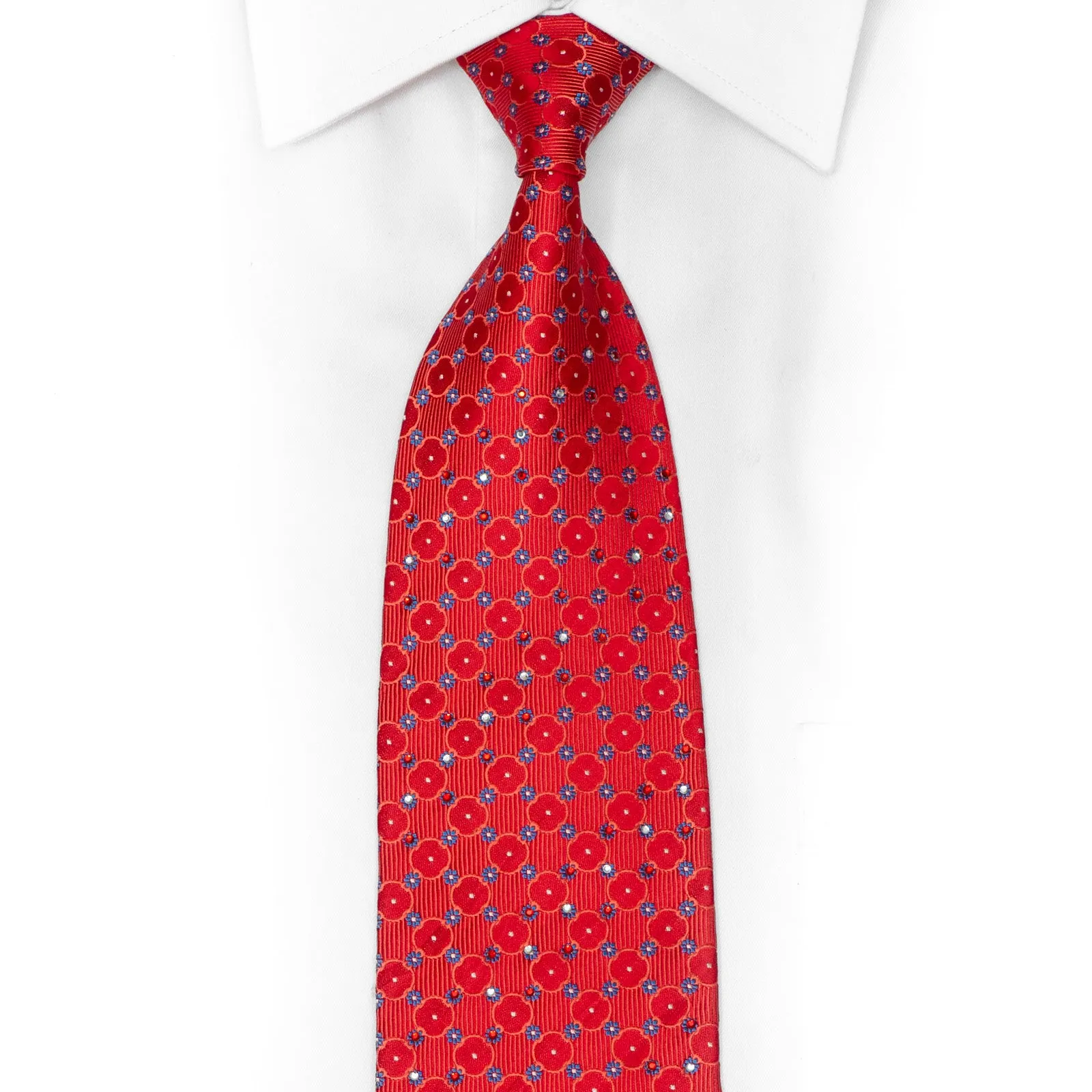 Geometric & Floral On Red Rhinestone Silk Necktie