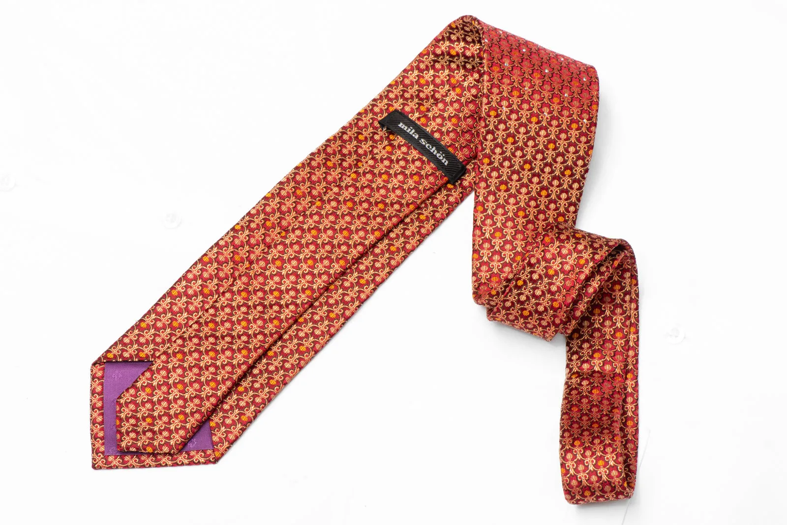 Gold Cartouche On Burgundy Rhinestone Silk Necktie With Gold Sparkles