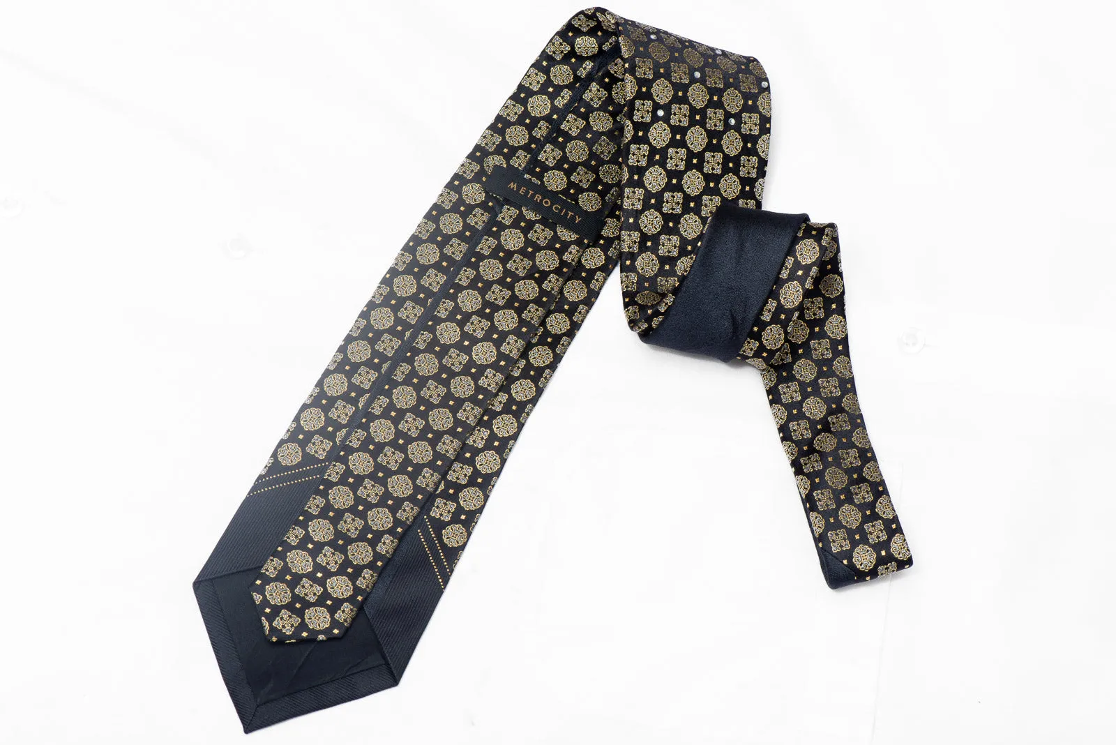 Gold Cartouche On Navy Rhinestone Silk Necktie With Gold Sparkles
