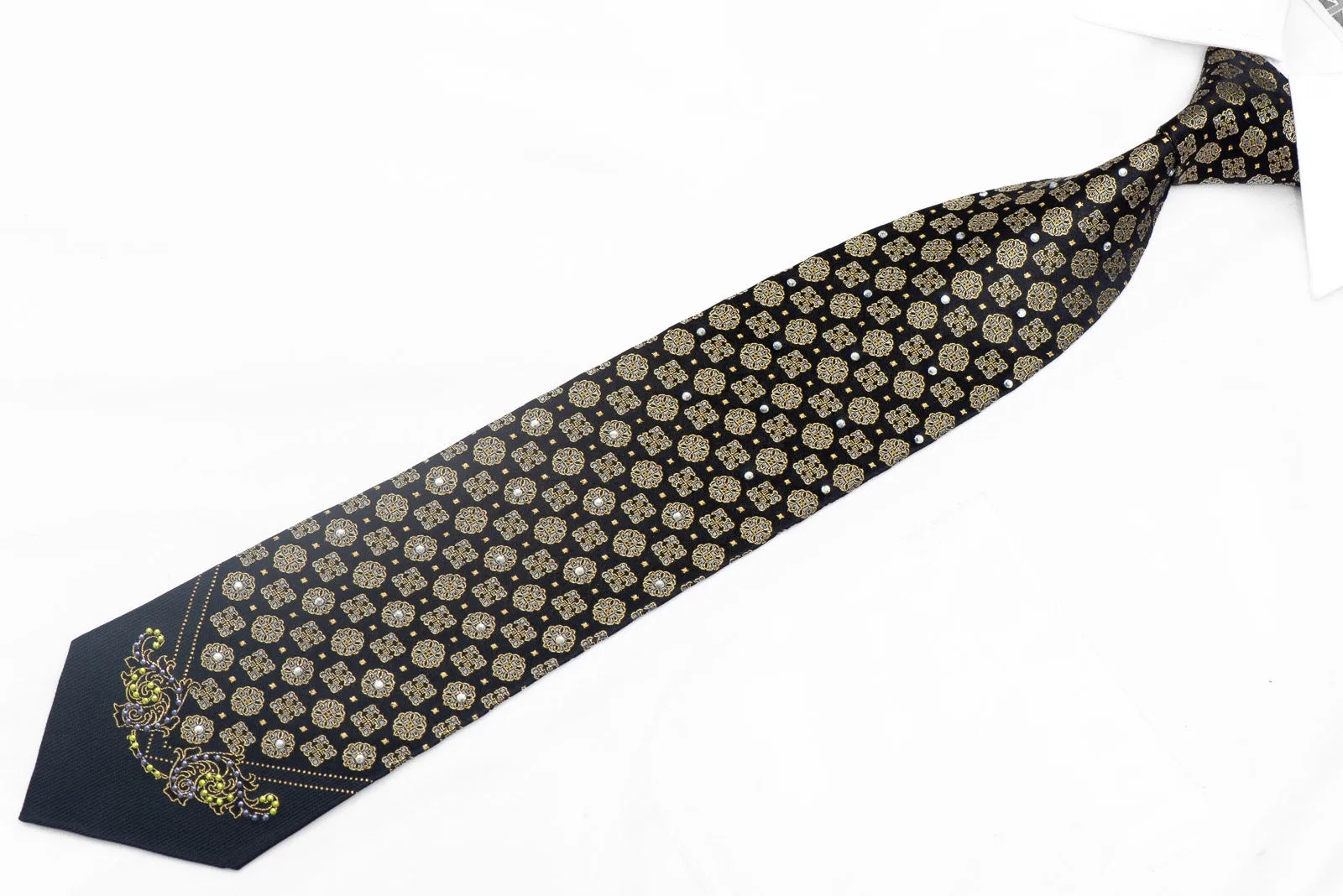 Gold Cartouche On Navy Rhinestone Silk Necktie With Gold Sparkles