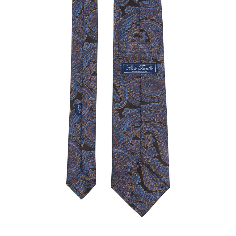 Grey and Blue Paisley Motif Woven Silk Tie