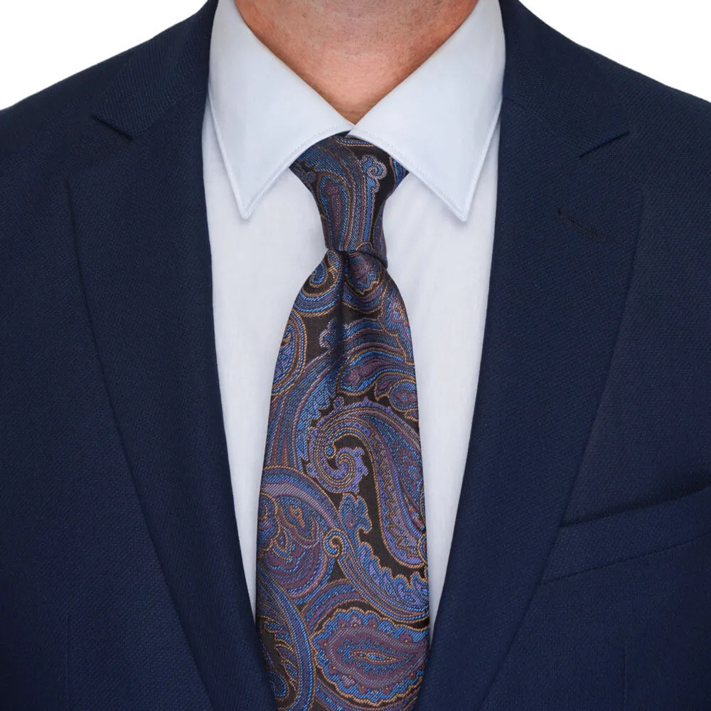 Grey and Blue Paisley Motif Woven Silk Tie