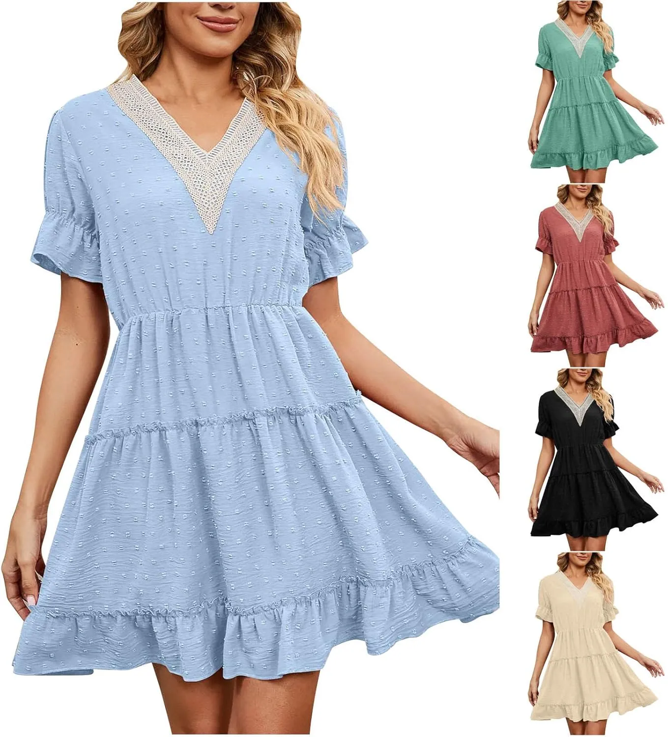 HGps8w Womens 2025 Summer Dresses Short Sleeve Lace Trim V Neck Swiss Dot Babydoll Ruffle Tiered Flowy Mini Dress