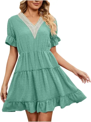 HGps8w Womens 2025 Summer Dresses Short Sleeve Lace Trim V Neck Swiss Dot Babydoll Ruffle Tiered Flowy Mini Dress
