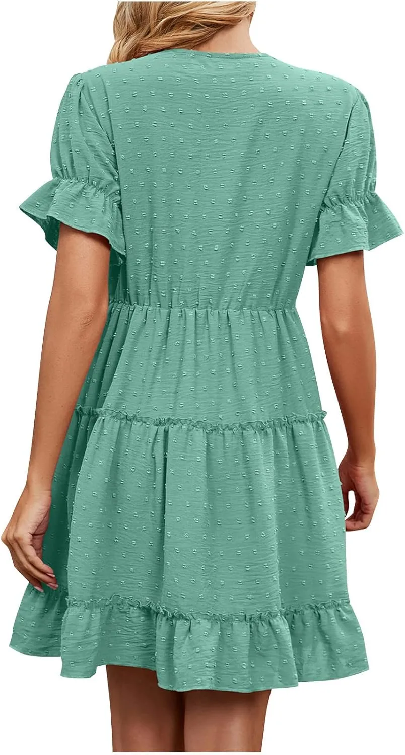 HGps8w Womens 2025 Summer Dresses Short Sleeve Lace Trim V Neck Swiss Dot Babydoll Ruffle Tiered Flowy Mini Dress