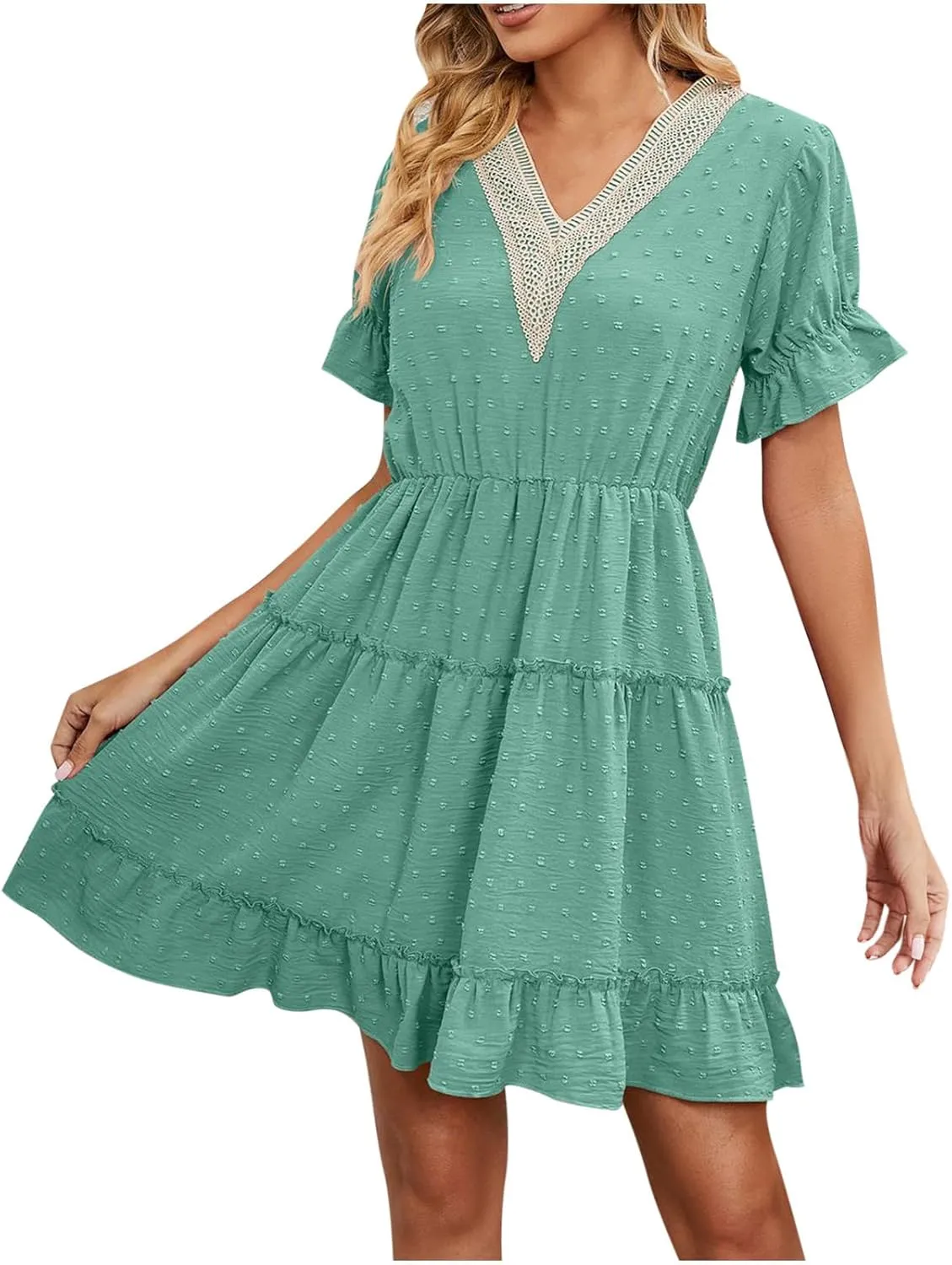 HGps8w Womens 2025 Summer Dresses Short Sleeve Lace Trim V Neck Swiss Dot Babydoll Ruffle Tiered Flowy Mini Dress