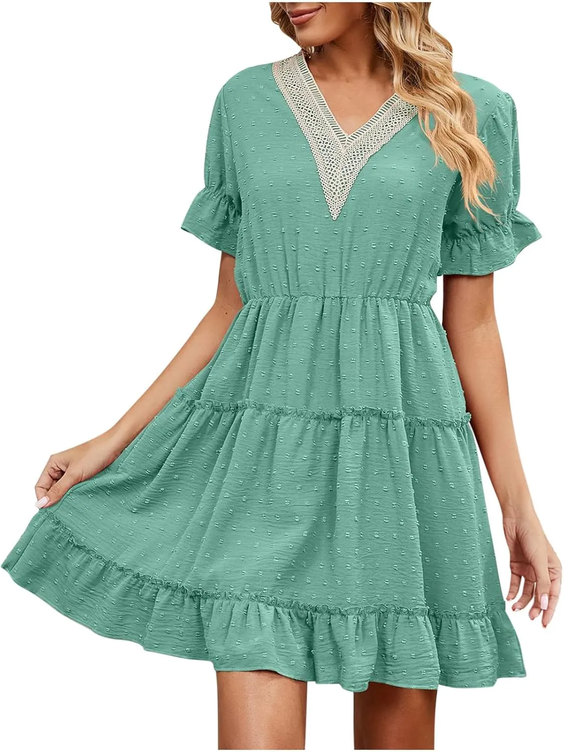 HGps8w Womens 2025 Summer Dresses Short Sleeve Lace Trim V Neck Swiss Dot Babydoll Ruffle Tiered Flowy Mini Dress