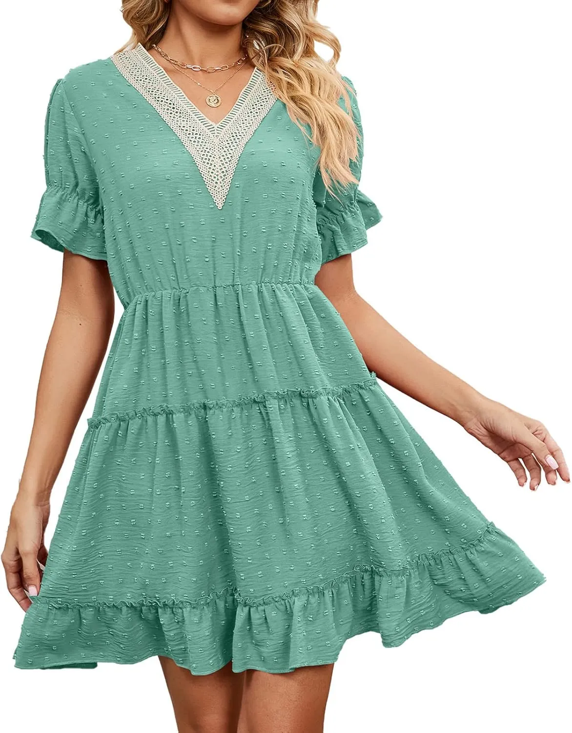 HGps8w Womens 2025 Summer Dresses Short Sleeve Lace Trim V Neck Swiss Dot Babydoll Ruffle Tiered Flowy Mini Dress