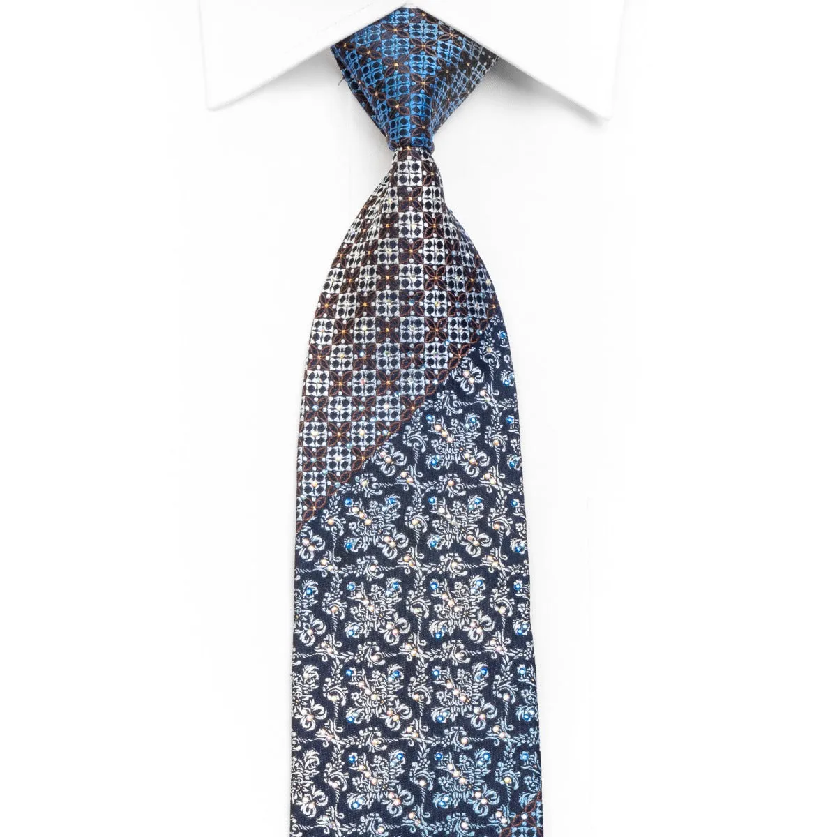 Indian Homme Men's Rhinestone Necktie Cartouche On Navy With Silver Sparkles