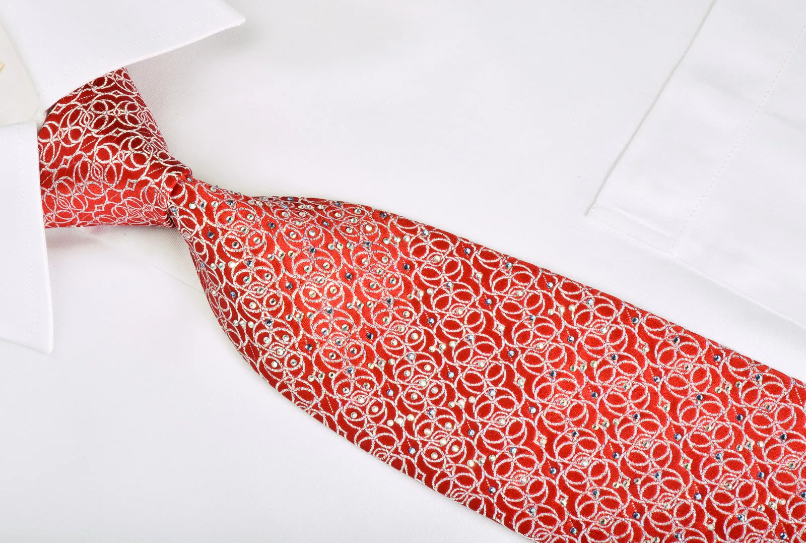 Interlocking Silver Circles On Red Rhinestone Tie With Silver Sparkles