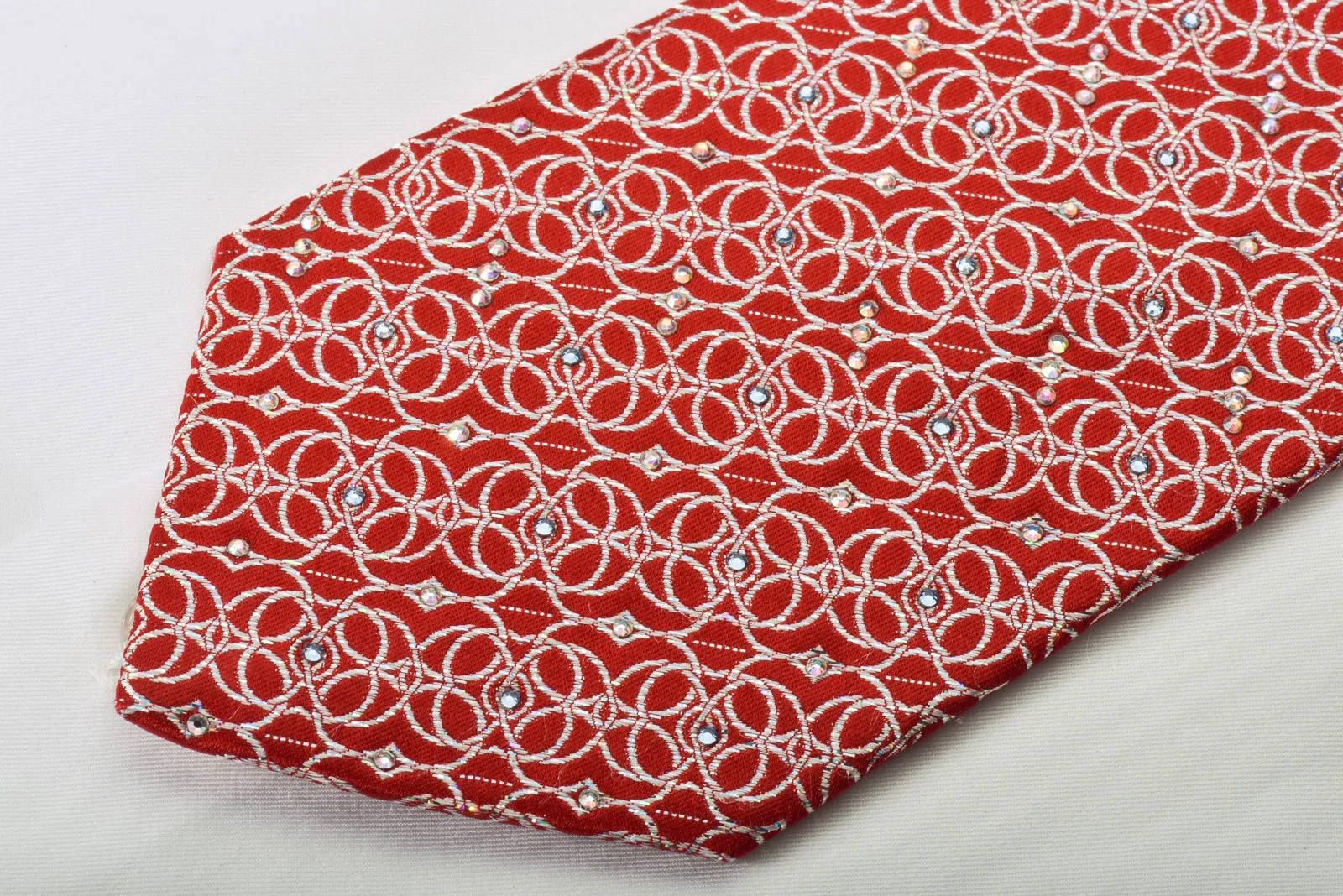 Interlocking Silver Circles On Red Rhinestone Tie With Silver Sparkles
