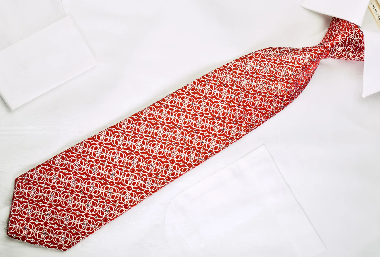 Interlocking Silver Circles On Red Rhinestone Tie With Silver Sparkles
