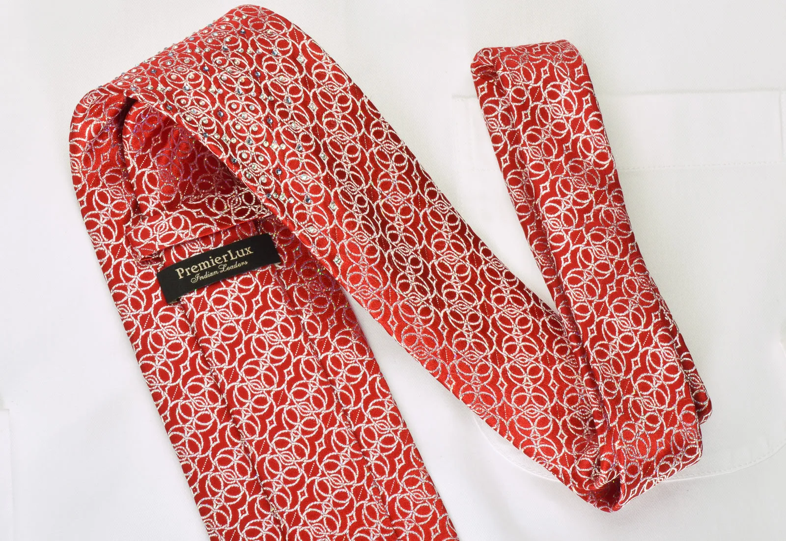 Interlocking Silver Circles On Red Rhinestone Tie With Silver Sparkles