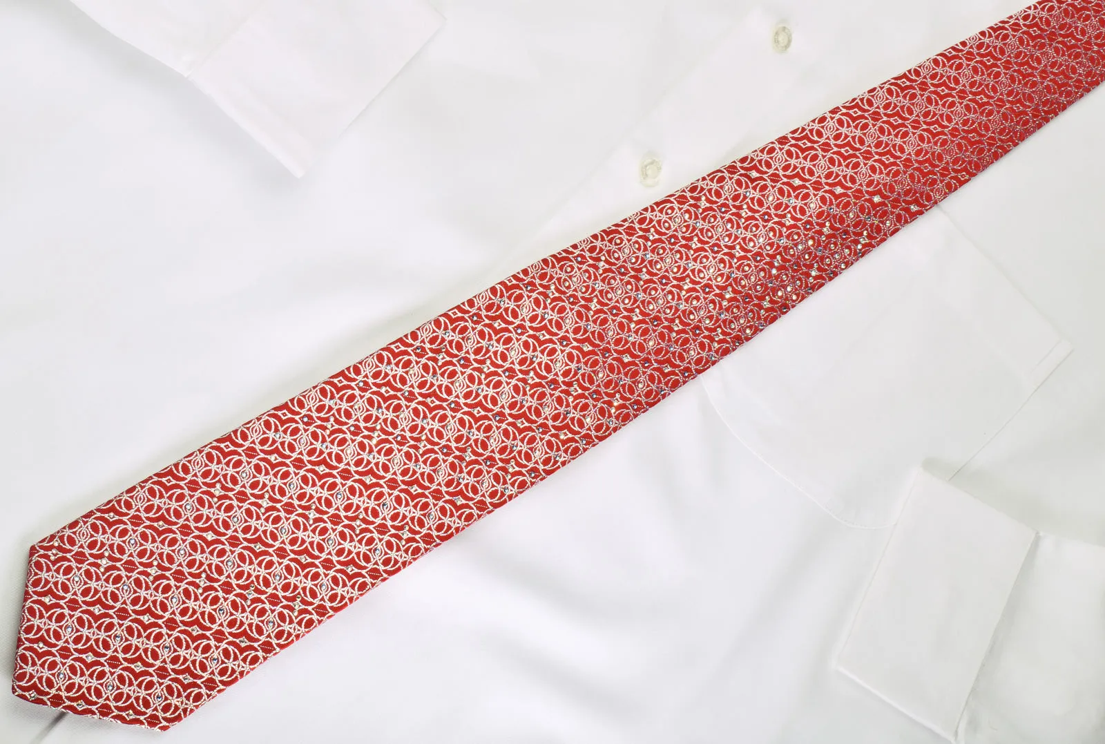 Interlocking Silver Circles On Red Rhinestone Tie With Silver Sparkles