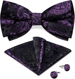 Jacquard Paisley Pre-Tied Bow Tie For Men Wedding Adjustable Silk Bowtie Pocket Square Cufflinks Woven Butterfly Knot