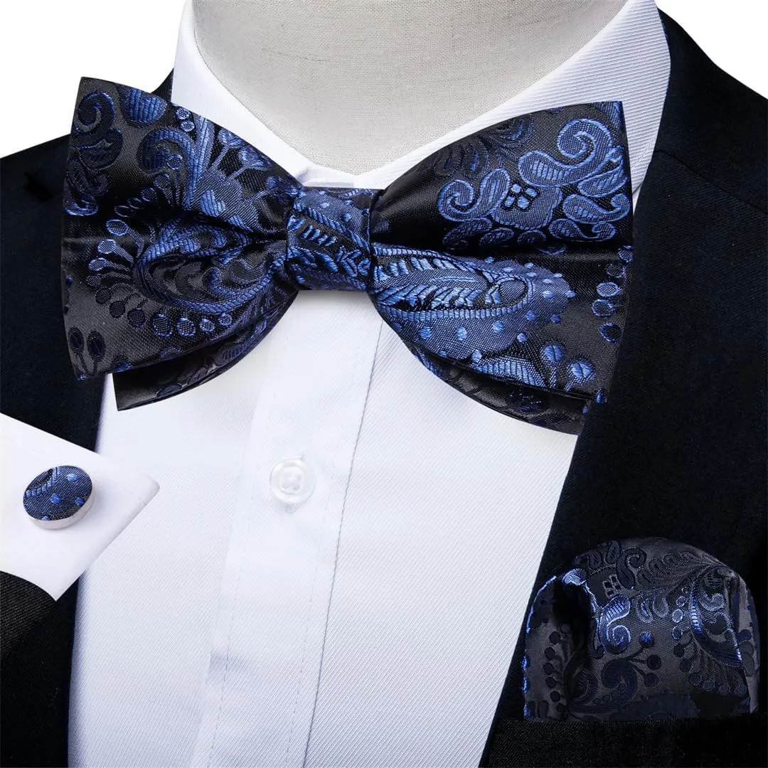 Jacquard Paisley Pre-Tied Bow Tie For Men Wedding Adjustable Silk Bowtie Pocket Square Cufflinks Woven Butterfly Knot
