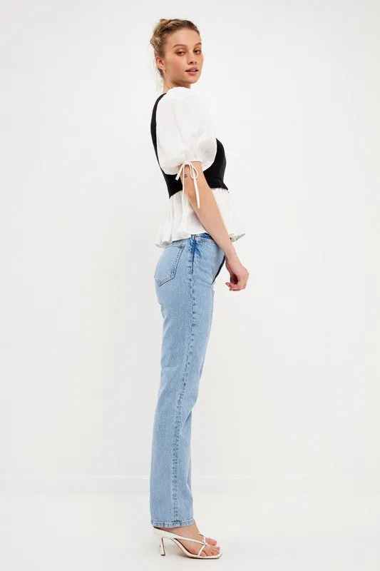 Keily Mixed Media Puff Sleeve Top