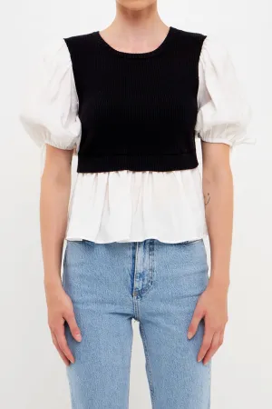 Keily Mixed Media Puff Sleeve Top