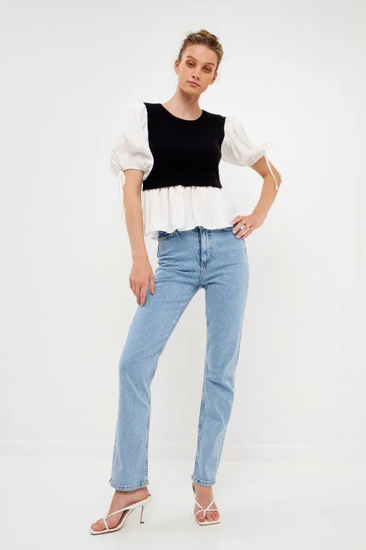 Keily Mixed Media Puff Sleeve Top