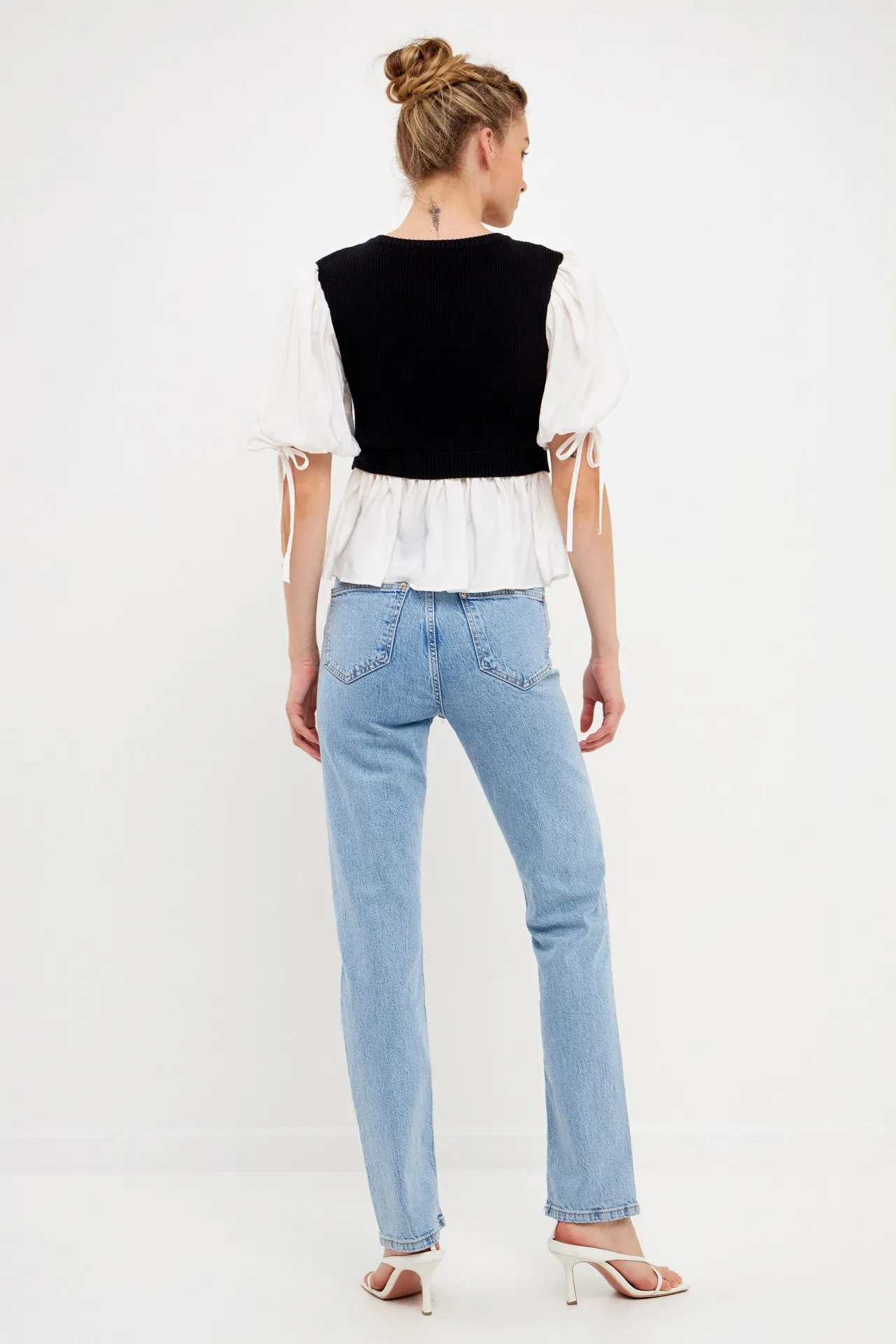 Keily Mixed Media Puff Sleeve Top