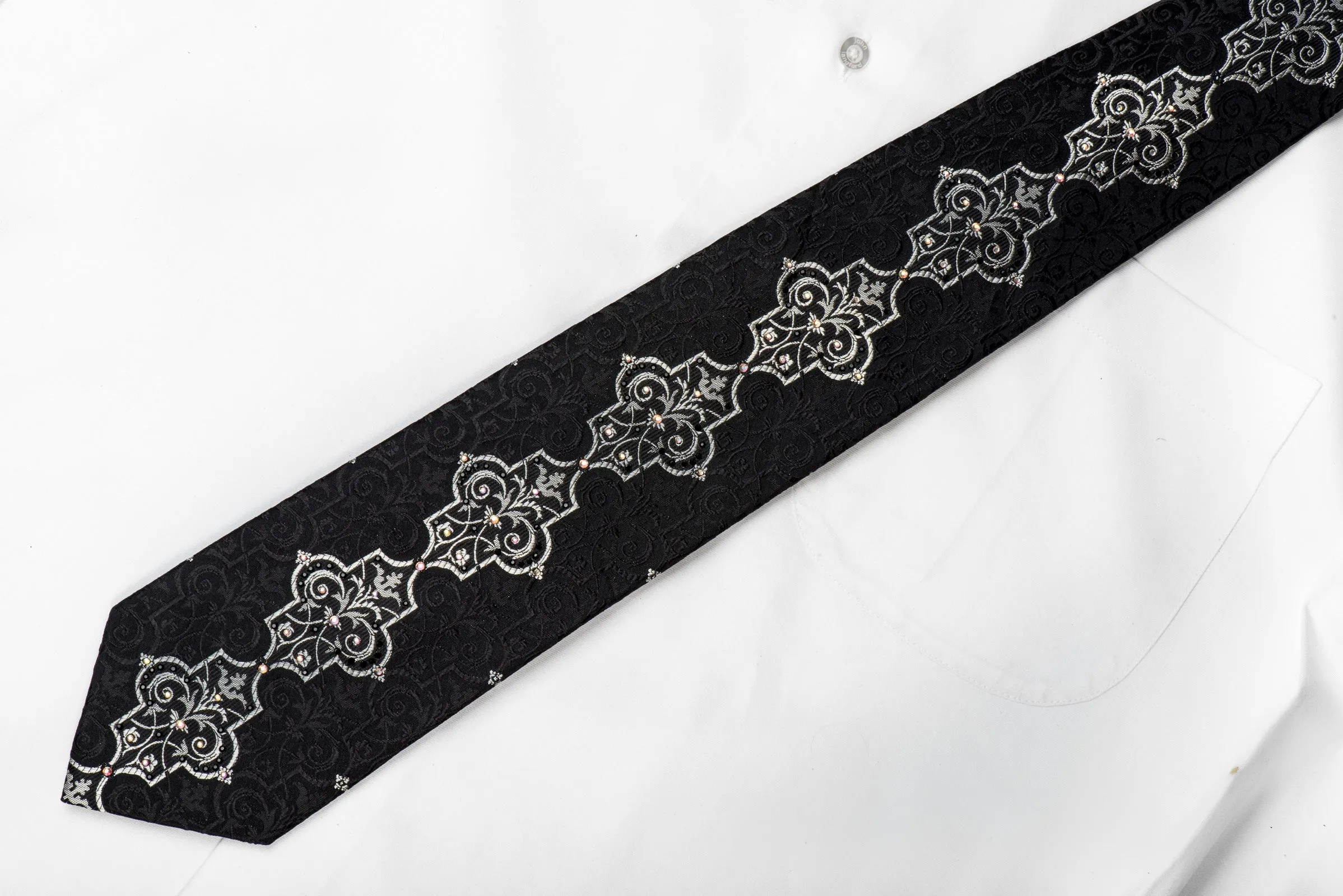Lancetti Men's Black Silk Crystal Tie Silver Arabesque On Black