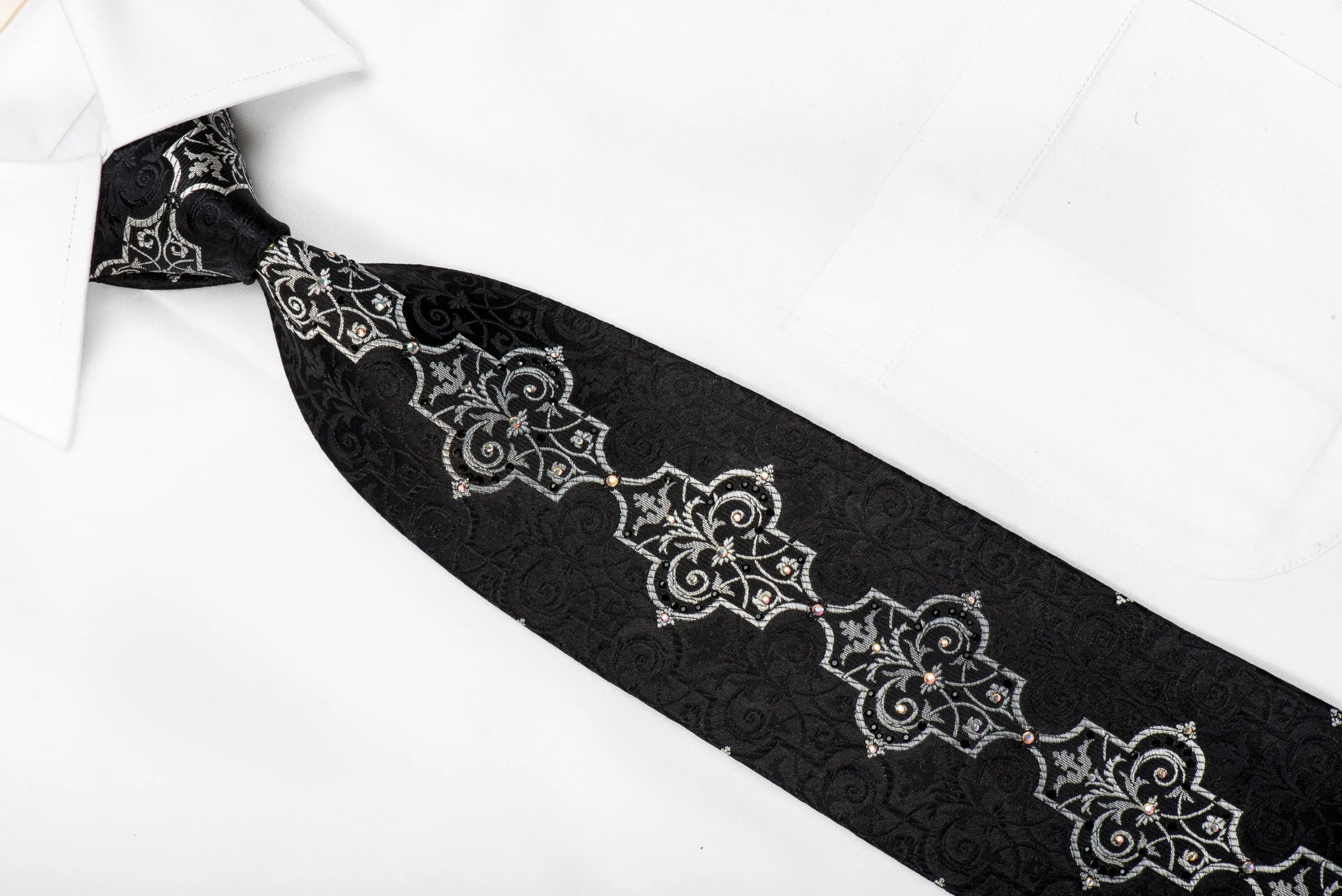 Lancetti Men's Black Silk Crystal Tie Silver Arabesque On Black