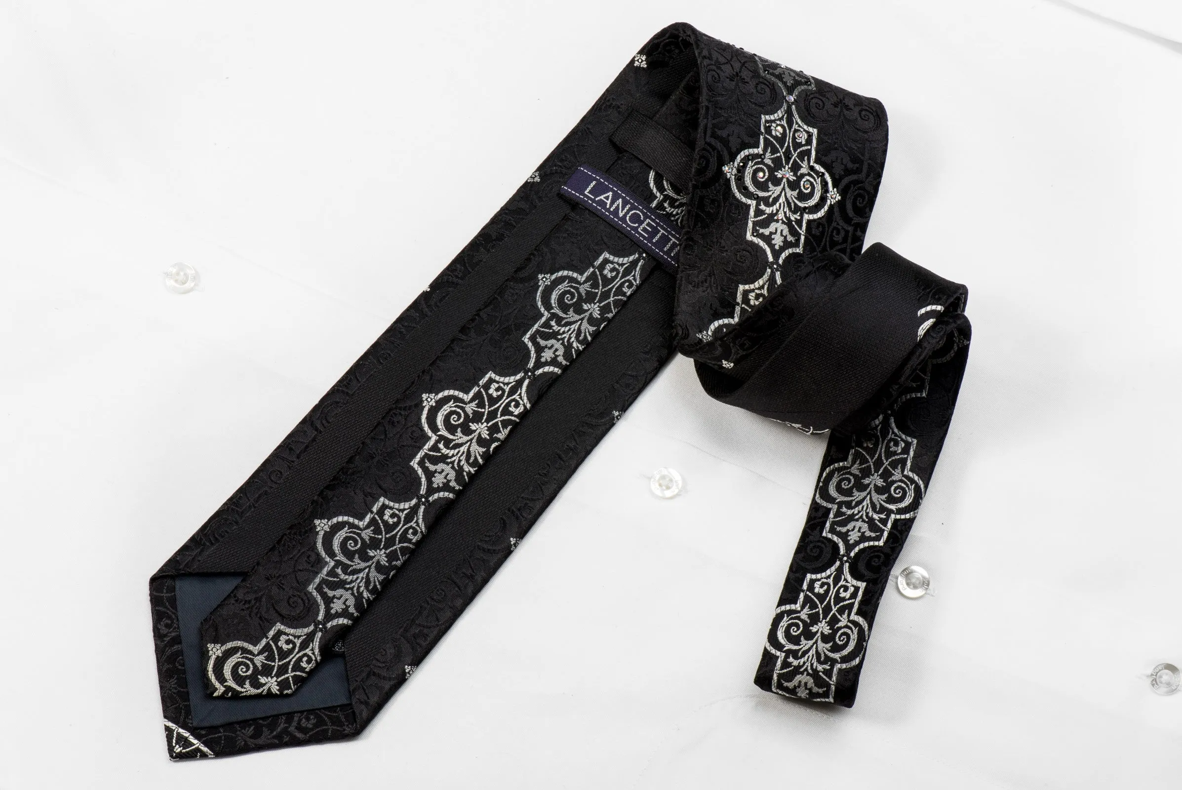Lancetti Men's Black Silk Crystal Tie Silver Arabesque On Black