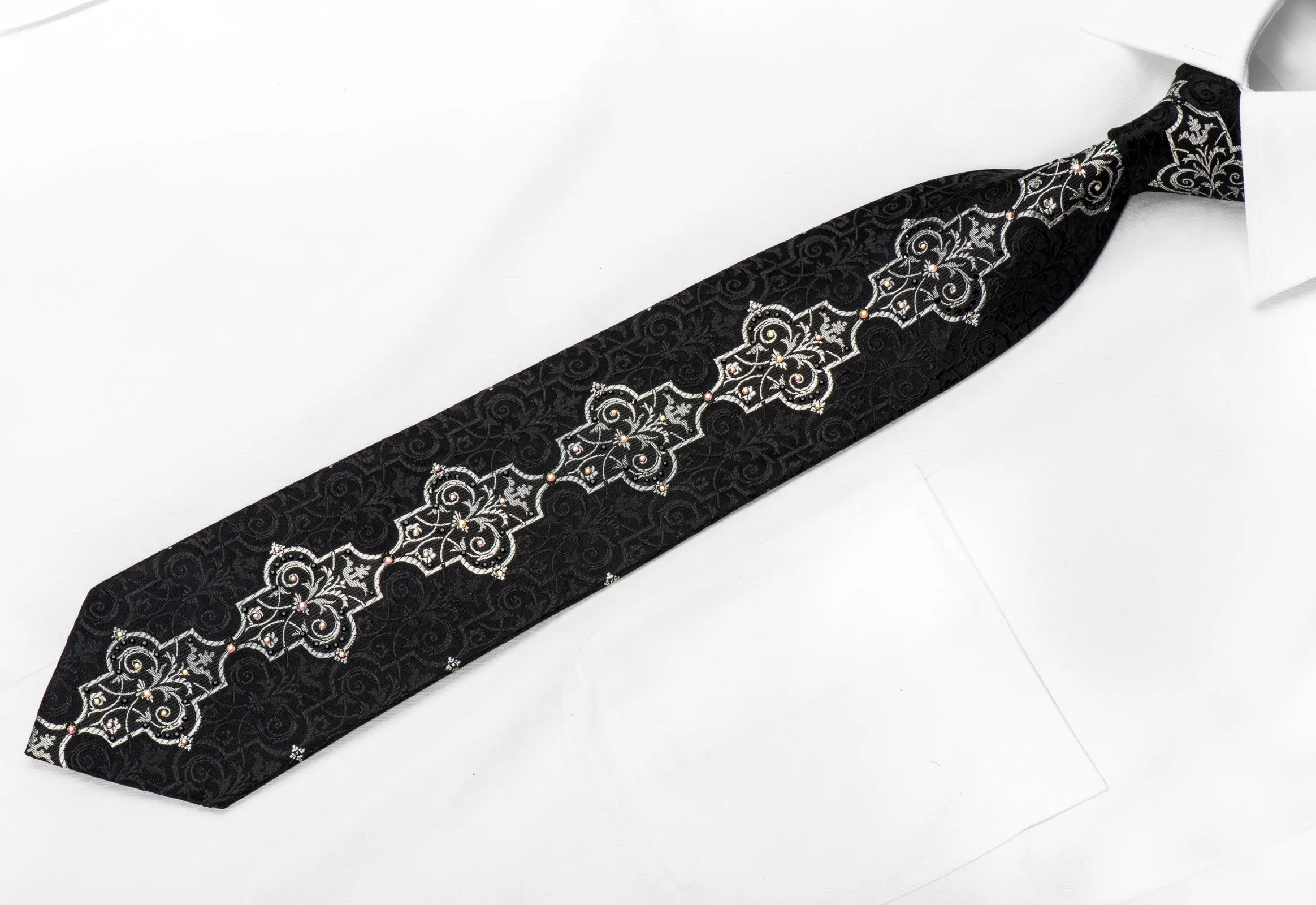 Lancetti Men's Black Silk Crystal Tie Silver Arabesque On Black