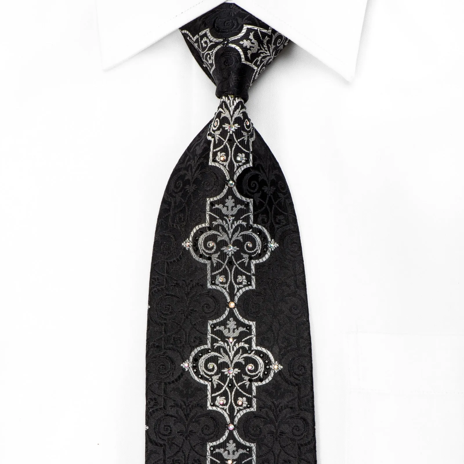 Lancetti Men's Black Silk Crystal Tie Silver Arabesque On Black