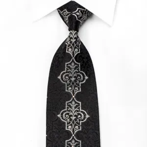 Lancetti Men's Black Silk Crystal Tie Silver Arabesque On Black