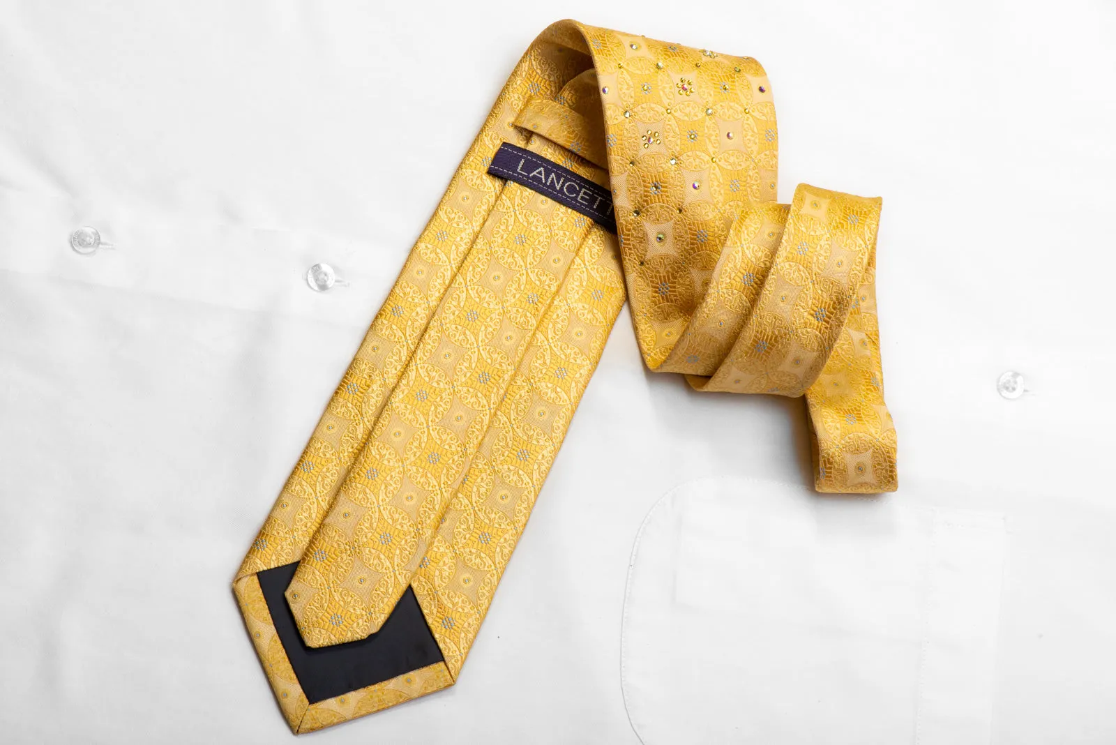 Lancetti Men's Silk Necktie Interlocking Medallions On Yellow With Crystal Rhinestones