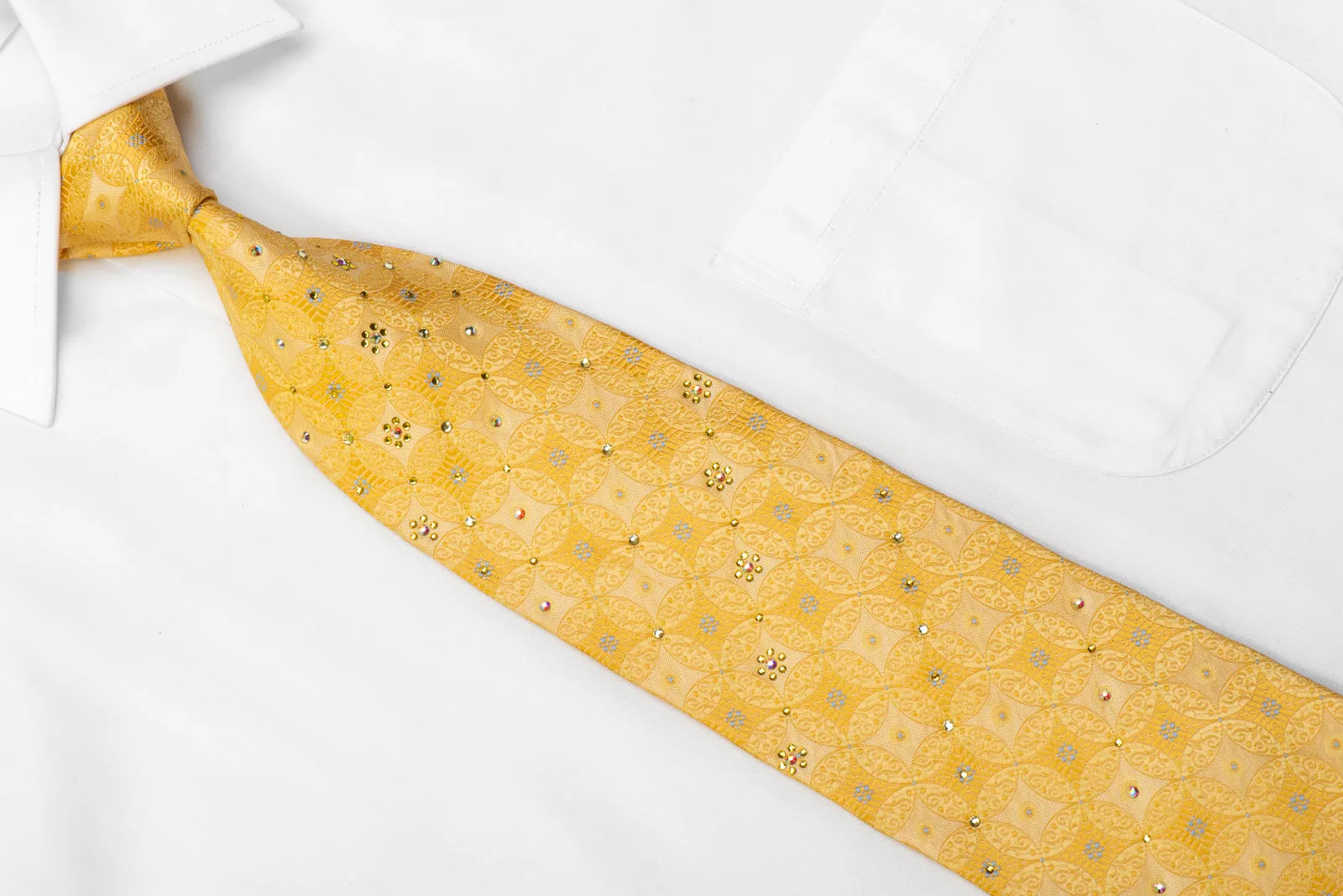 Lancetti Men's Silk Necktie Interlocking Medallions On Yellow With Crystal Rhinestones