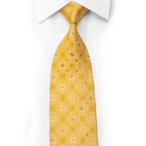 Lancetti Men's Silk Necktie Interlocking Medallions On Yellow With Crystal Rhinestones
