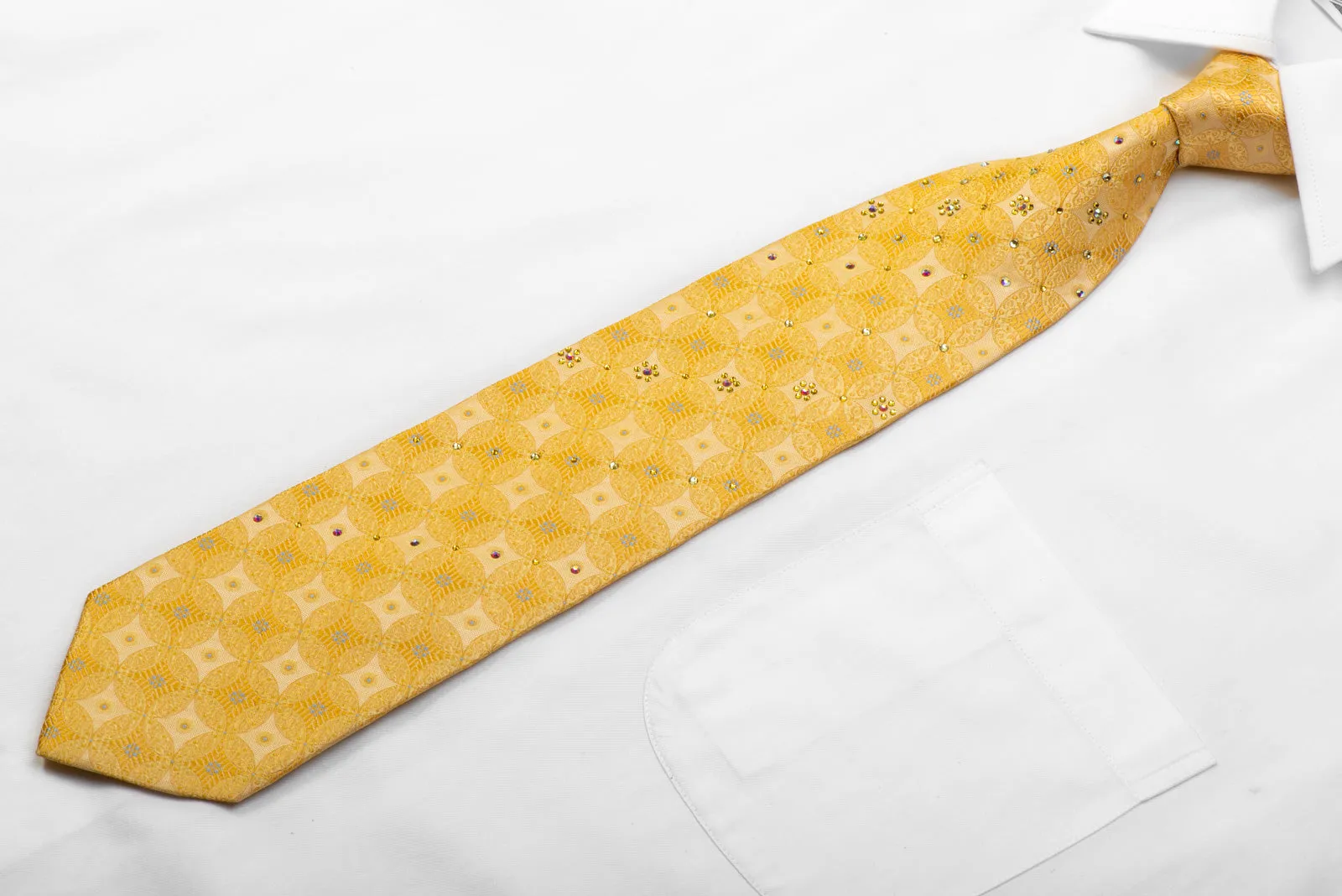 Lancetti Men's Silk Necktie Interlocking Medallions On Yellow With Crystal Rhinestones