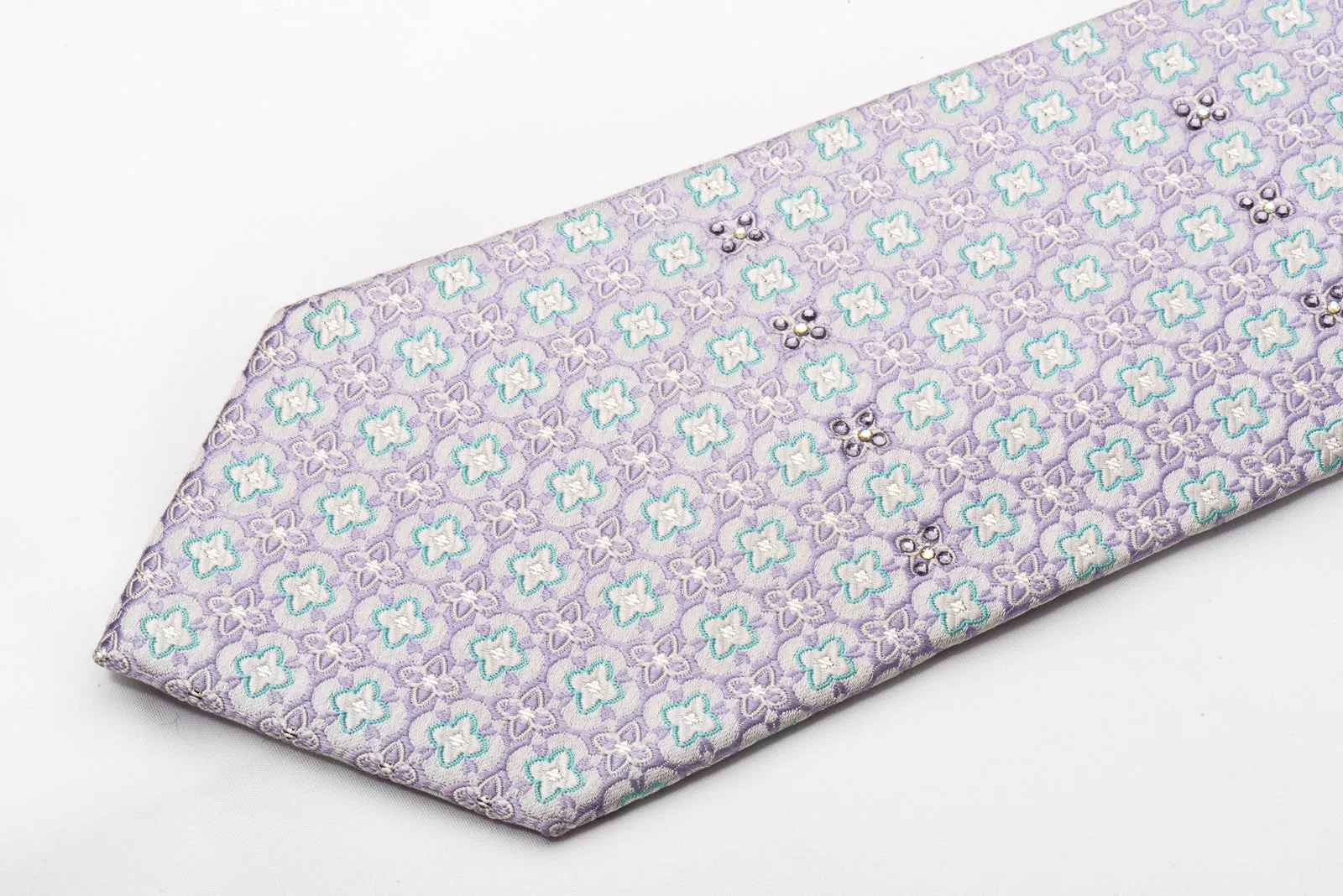 Maestro Men's Silk Tie Mauve Blue Foulard On Silver Sparkling With Rhinestones