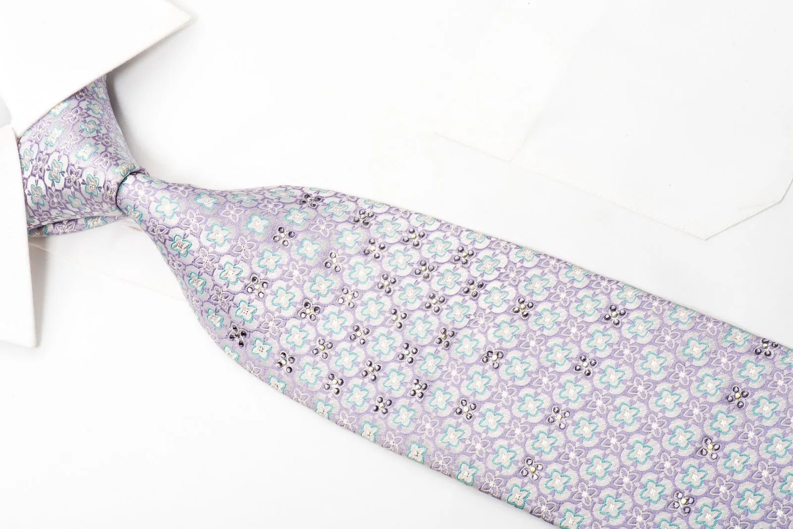 Maestro Men's Silk Tie Mauve Blue Foulard On Silver Sparkling With Rhinestones