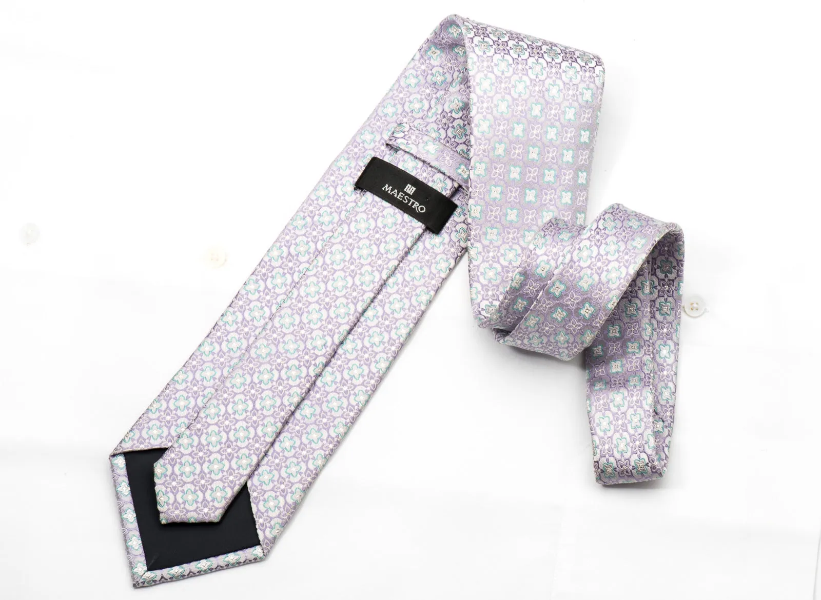 Maestro Men's Silk Tie Mauve Blue Foulard On Silver Sparkling With Rhinestones