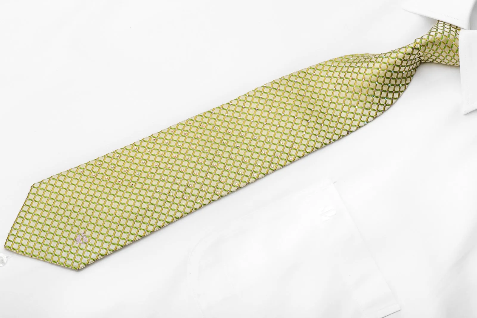 MCM Mens Crystal Silk Tie Trellis On Green With Rhinestones