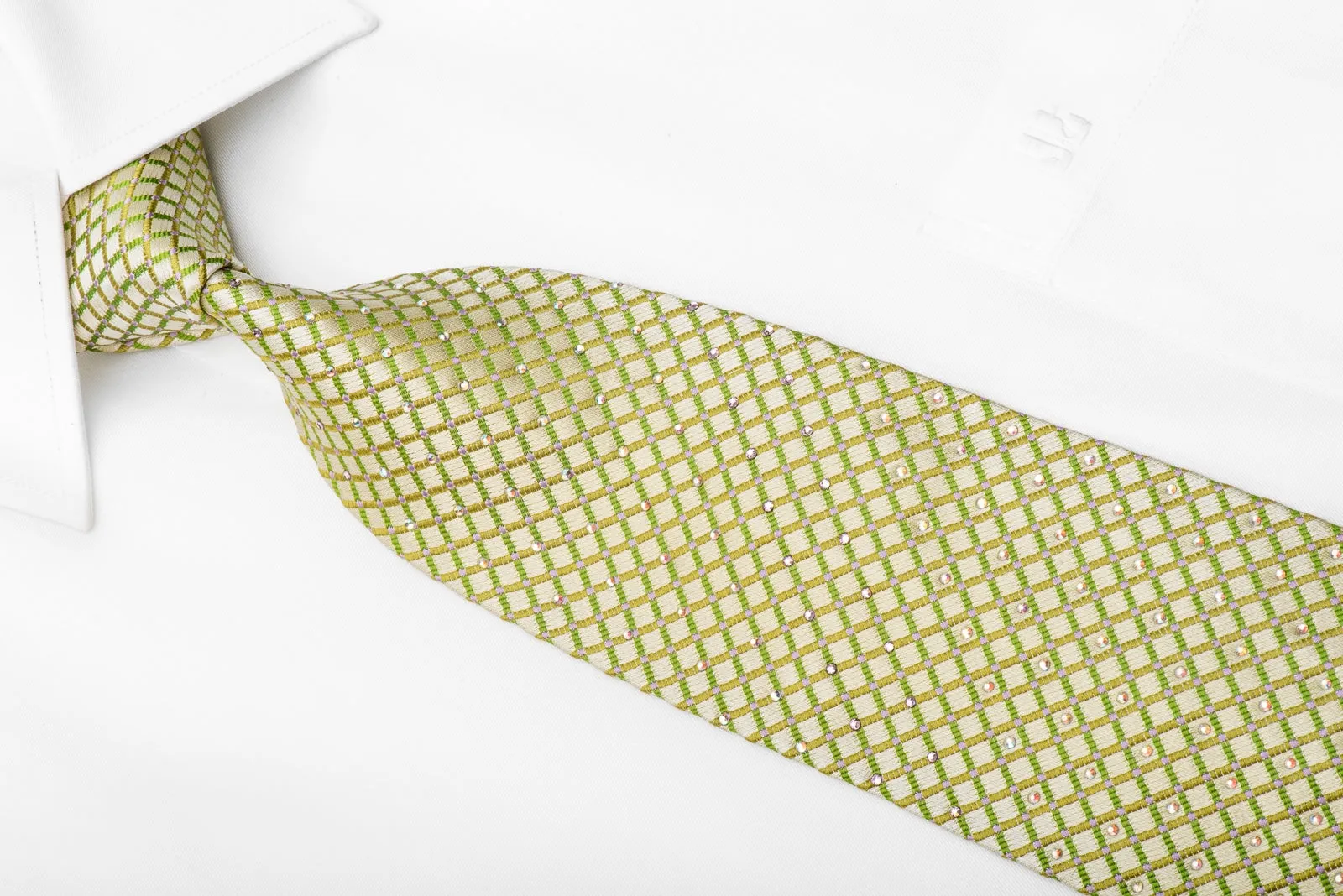 MCM Mens Crystal Silk Tie Trellis On Green With Rhinestones