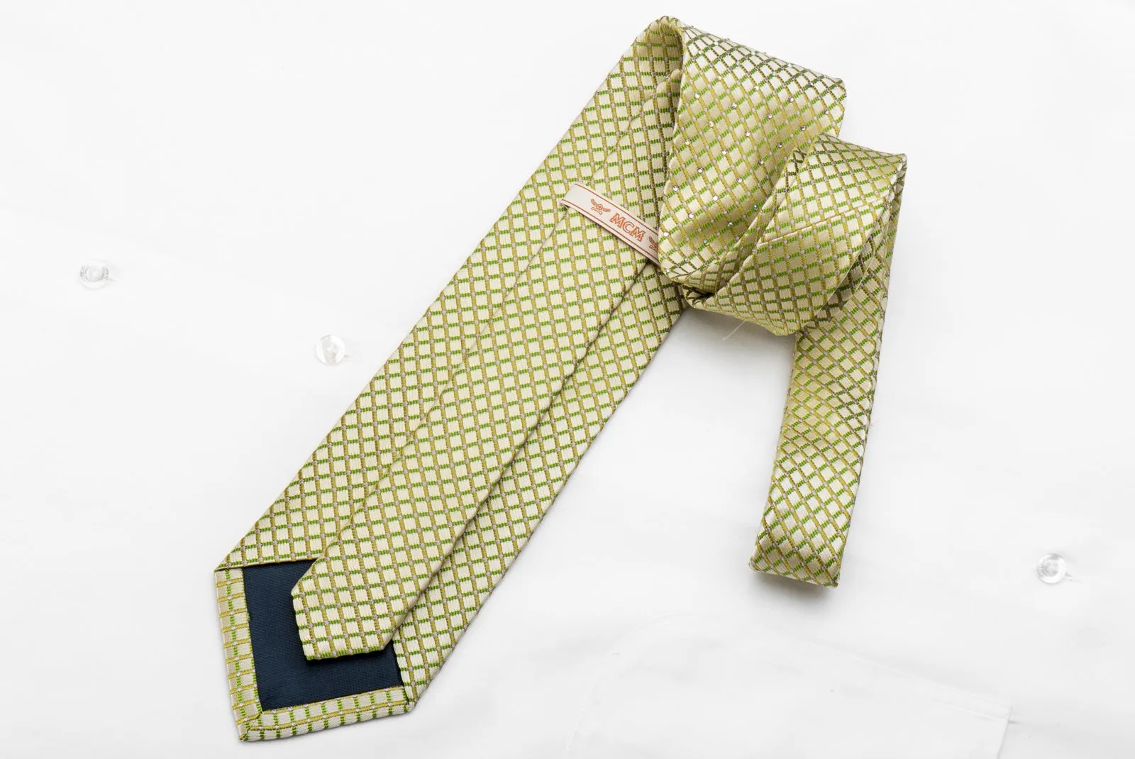 MCM Mens Crystal Silk Tie Trellis On Green With Rhinestones