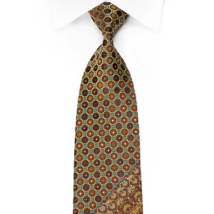 Men's Crystal Rhinestone Silk Necktie Orange Cartouche Geometric On Brown With Sparkles