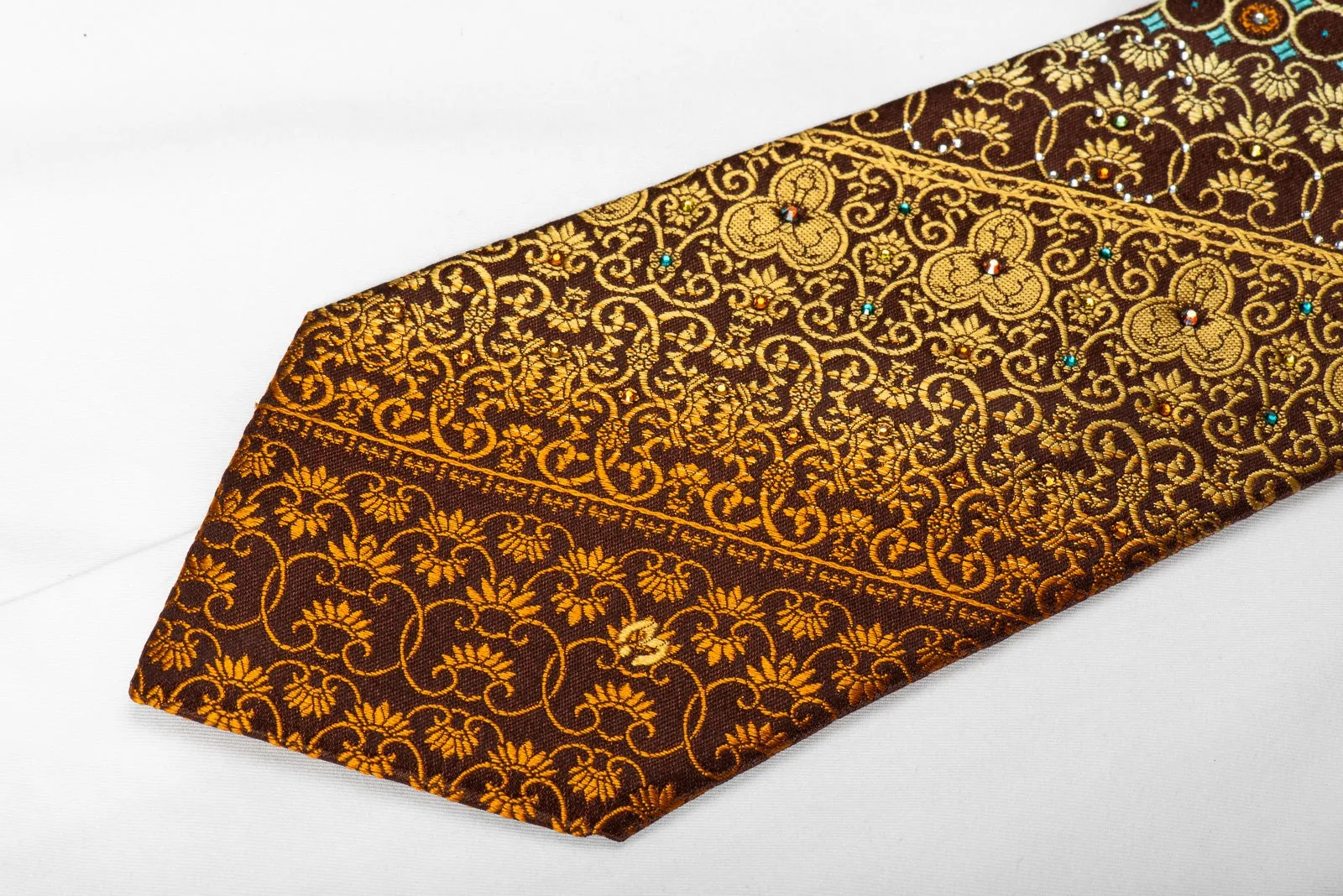 Men's Crystal Rhinestone Silk Necktie Orange Cartouche Geometric On Brown With Sparkles