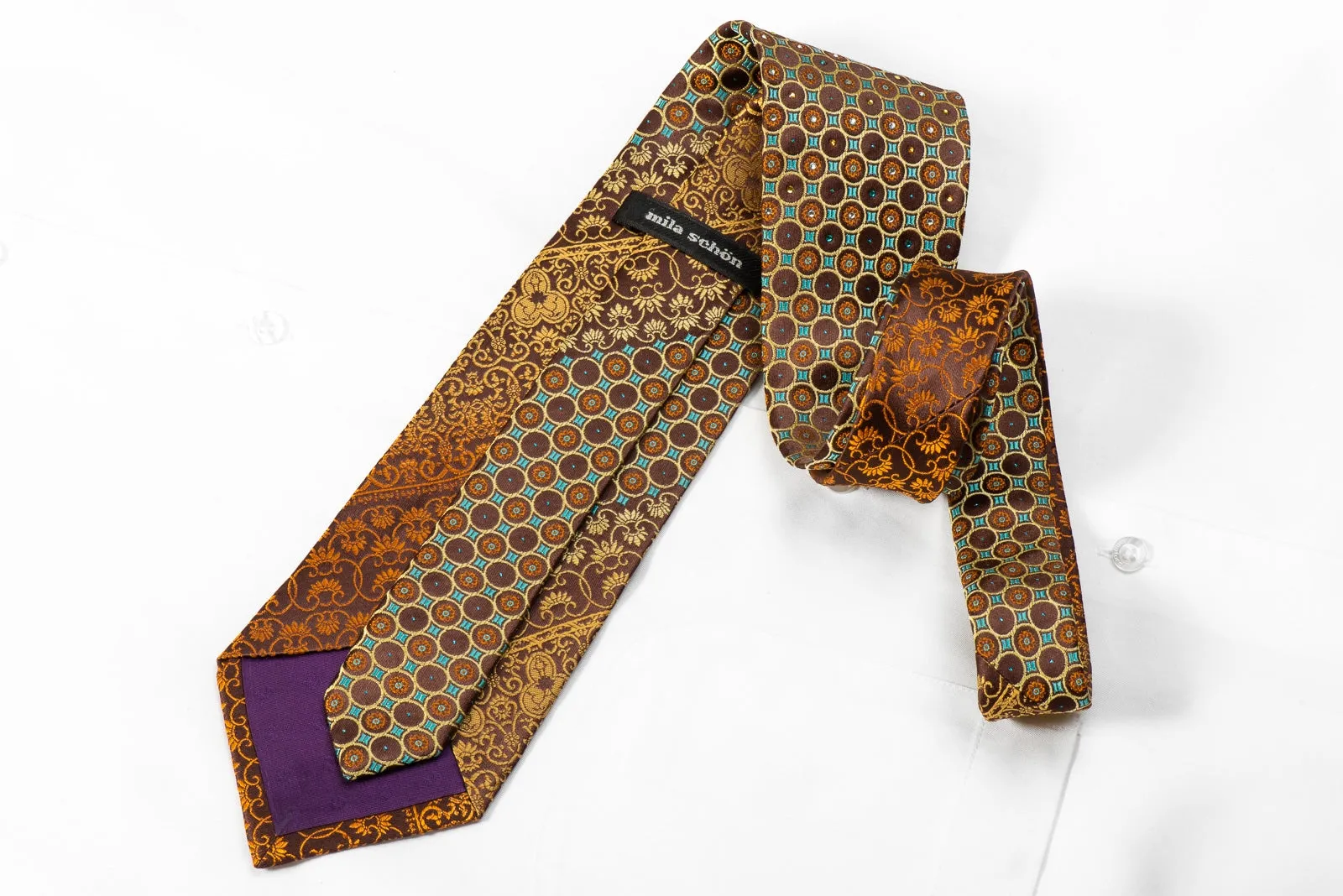 Men's Crystal Rhinestone Silk Necktie Orange Cartouche Geometric On Brown With Sparkles